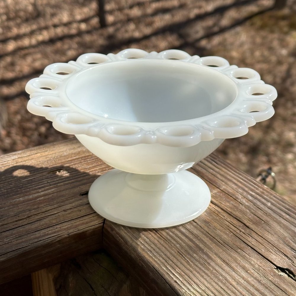 Vintage Anchor Hocking Old Colony Open Lace Milk Glass Compote Footed Dish EUC